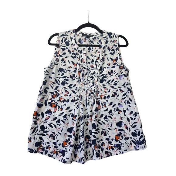Zac & Rachel Tops - Zac & Rachel Womens Med Floral Sleeveless Pleated Front Blouse Navy Orange White